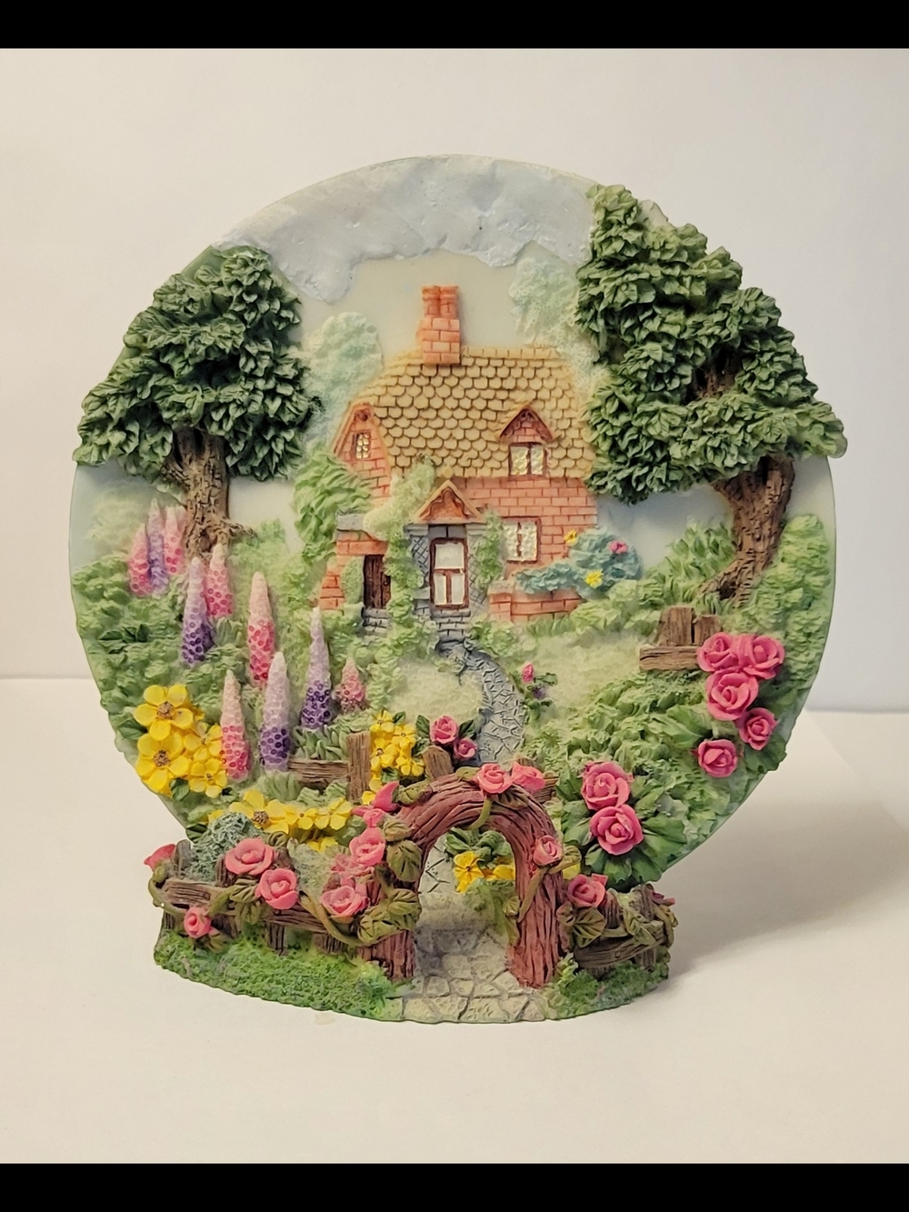 Decorative Cottage Garden Wall Plaque with Pink Roses and Yellow Flowers Vintage